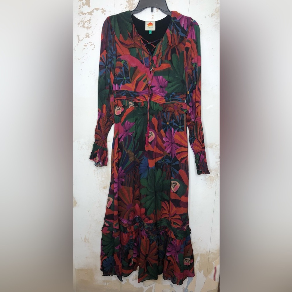 Farm, Rio Bird flowers long sleeve V-neck maxi dress, size small - Picture 15 of 15